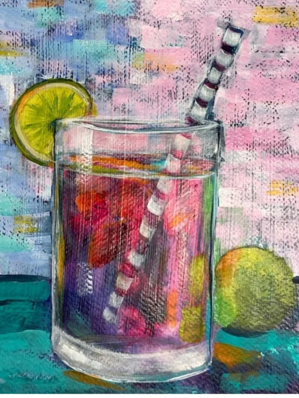 Tropical Sunset Colorful Cocktail Still Life Painting with Lime 8 X 10 " - Picture 2 of 7